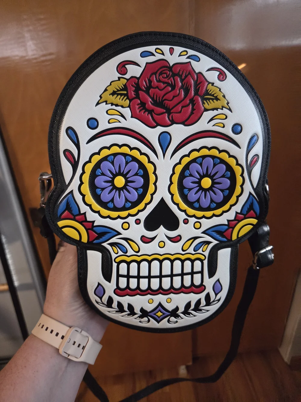 Sugar Skull Crossbody Bag - White Floral Day of the Dead Design